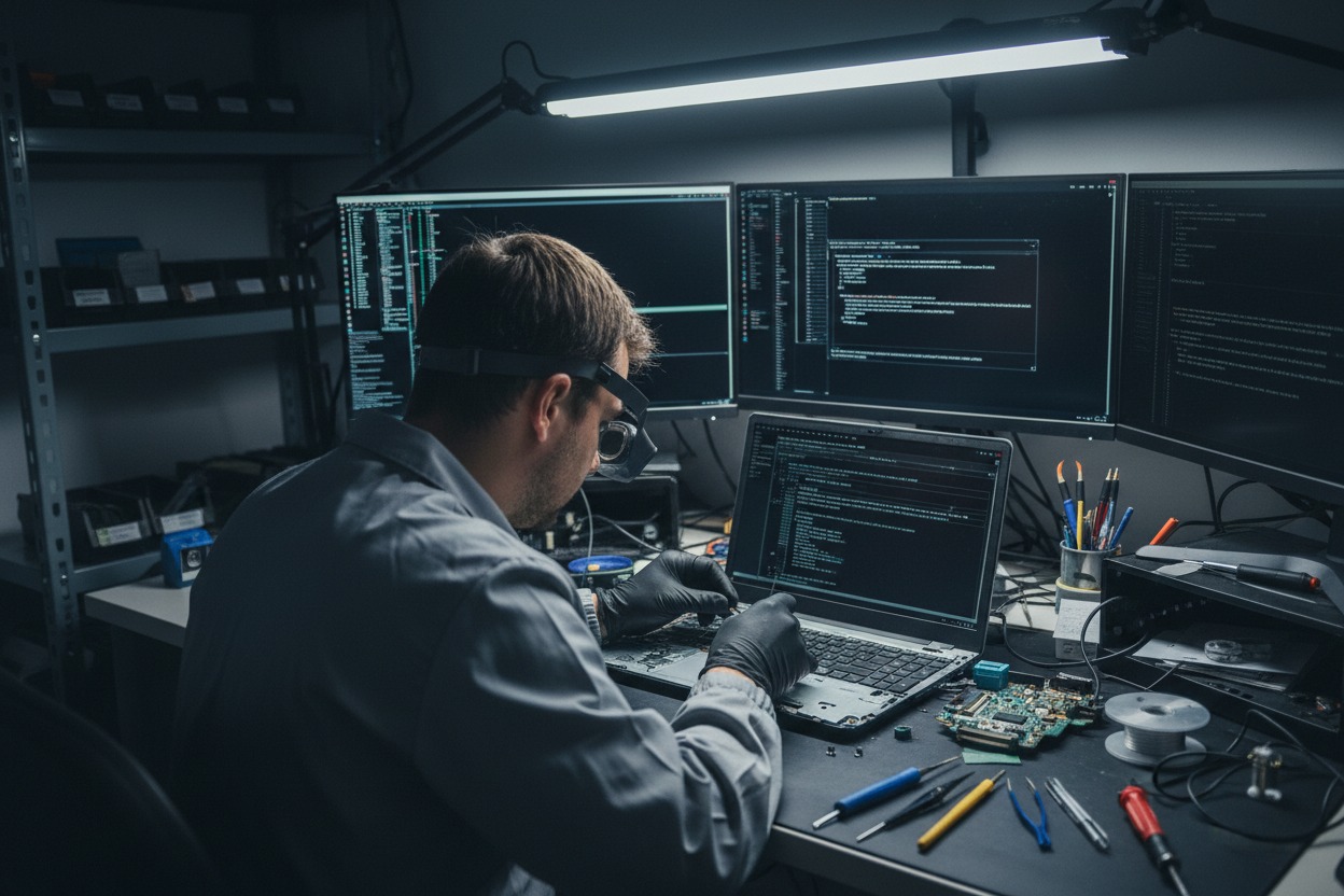 A technician wearing gloves and magnifying glasses repairs a laptop at a cluttered workbench in front of multiple computer monitors displaying code.